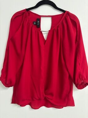 BCX Vibrant Red V-Neck 3/4 Sleeve Blouse Size XS with Silver Accent